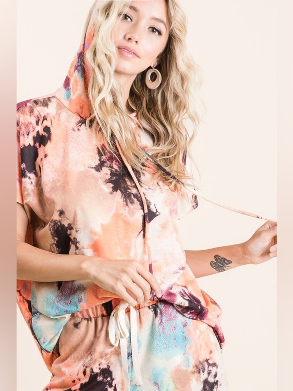 BiBi Tie Dye Terry Hoodie With Drawstring - Picture 9 of 10